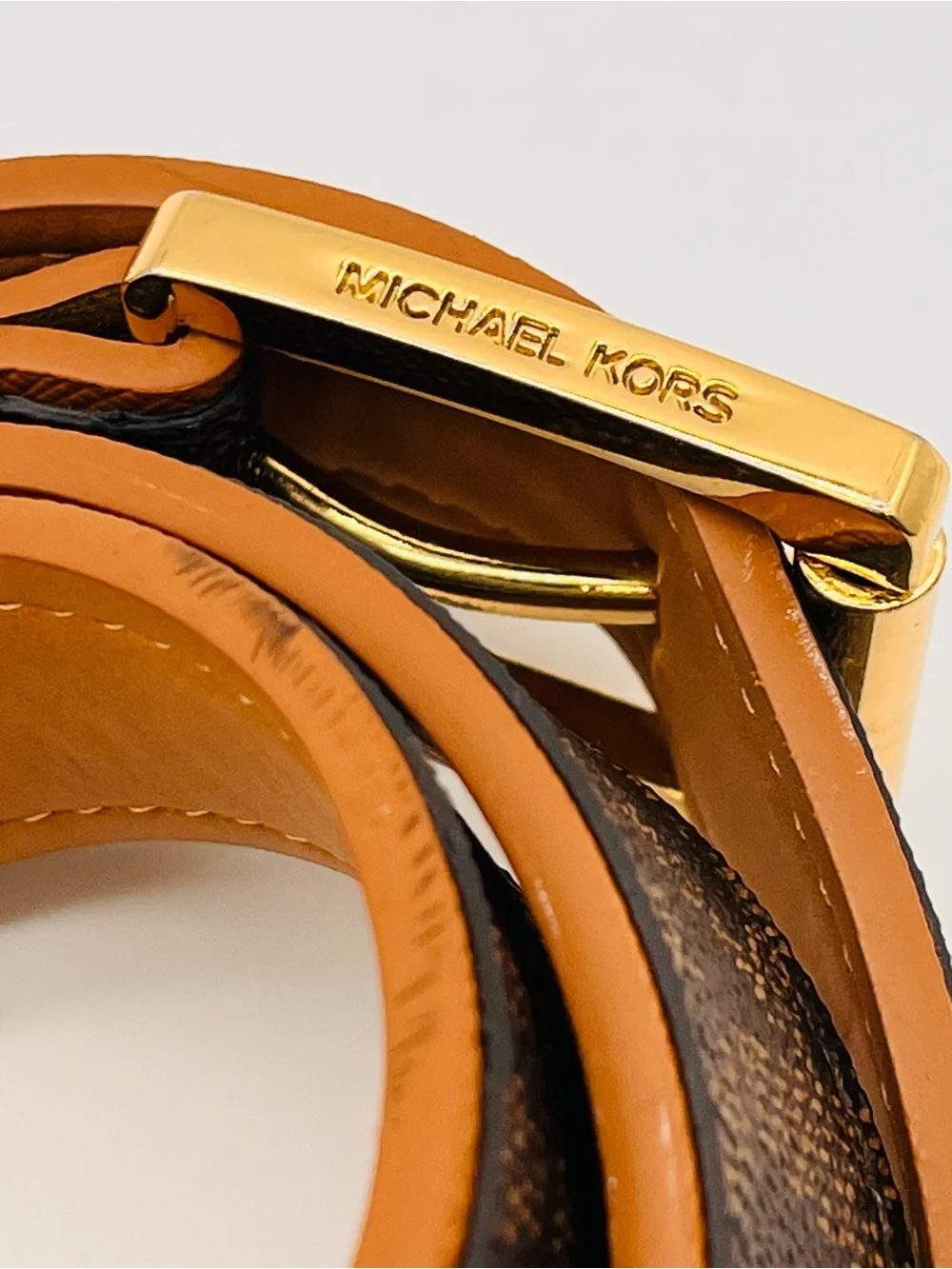 Michael Kors Brown Logo Canvas Saffiano Belt Tan Trim Gold Buckle Women's Small